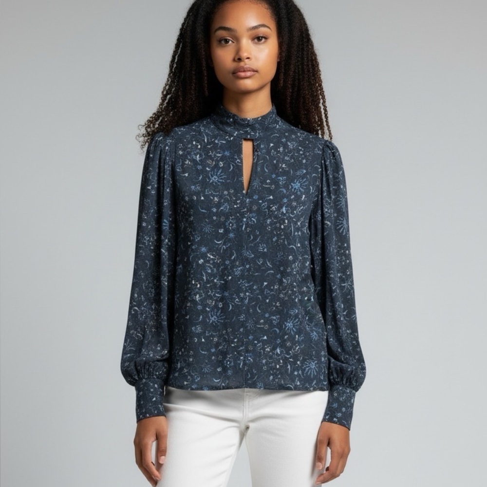 Berenice Paris Floral Print Blouse Navy Long Sleeve Smocked Cuffs Boho Chic